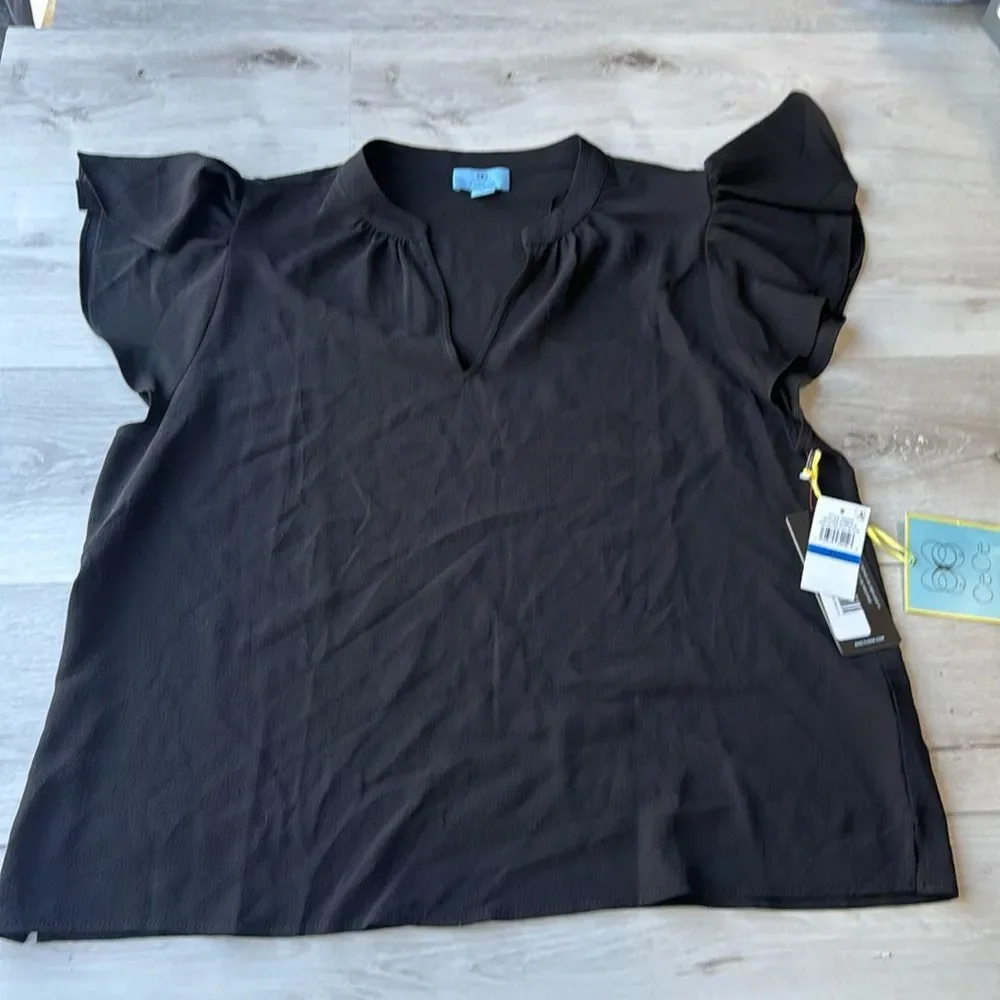 CeCe Garden‎ Romance Womens V Neck Ribbed Pullover Top Black XL Nwt